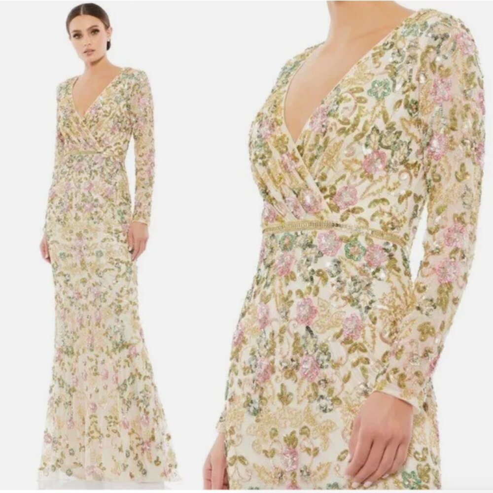 MAC DUGGAL 5503 LONG SLEEVE FLORAL EMEBLLISHED NUDE EVENING GOWN sz 6
